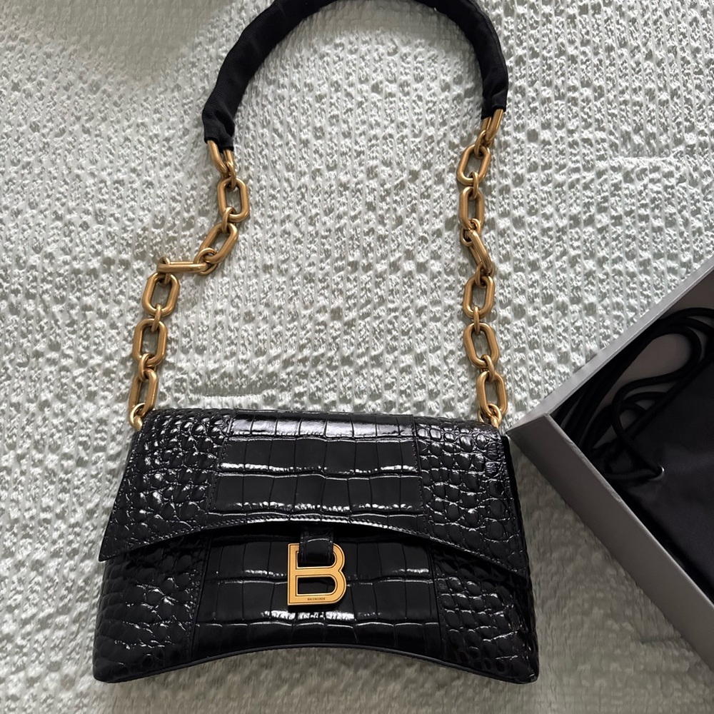 Balenciaga Black and Gold Shoulder Bag with Croc Embossing